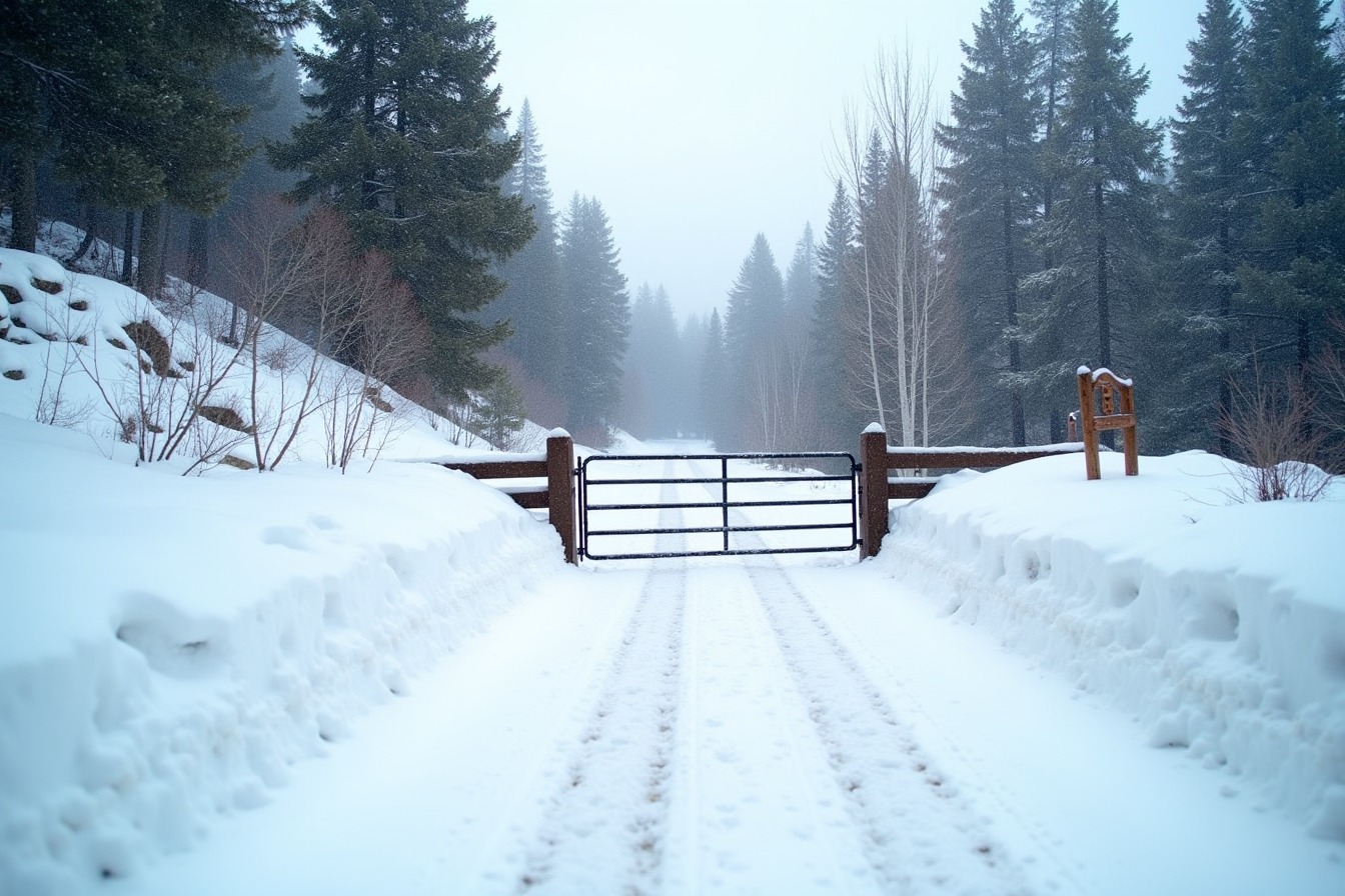 A closed seasonal gate across a snowy mountain road with a footpath continuing beyond.